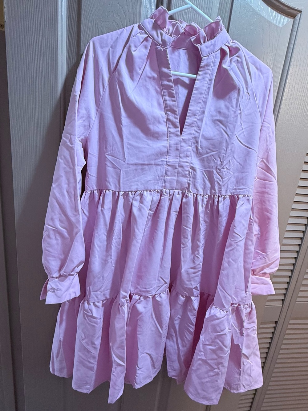 SHEIN Pink Ruffle High-Neck Tiered Long-Sleeve Dress